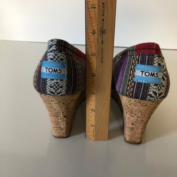 Toms Open Toe Canvas Shoes Womens Size 9W Cork Heel Hippie Boho Colorful Wedge - Picture 6 of 8